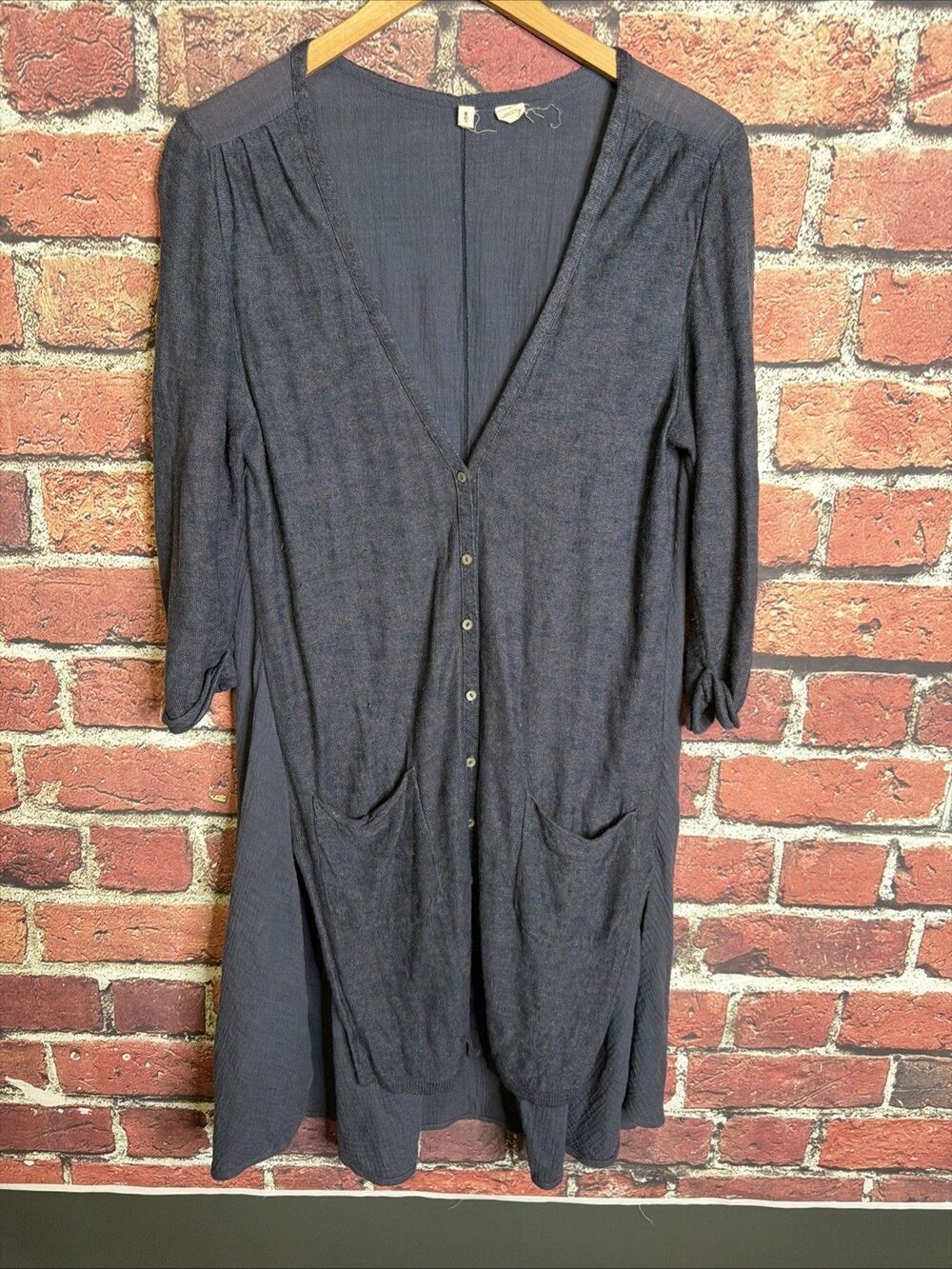MOTH for Anthropologie Linen Blend Button Dress Pockets Small Womens Blue